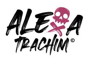 Alexa Trachim logo — brush lettering with pink skull